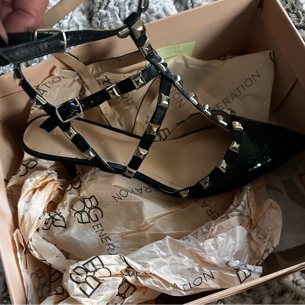 BCBGeneration Black Studded T-Strap Pointed-Toe Heels
